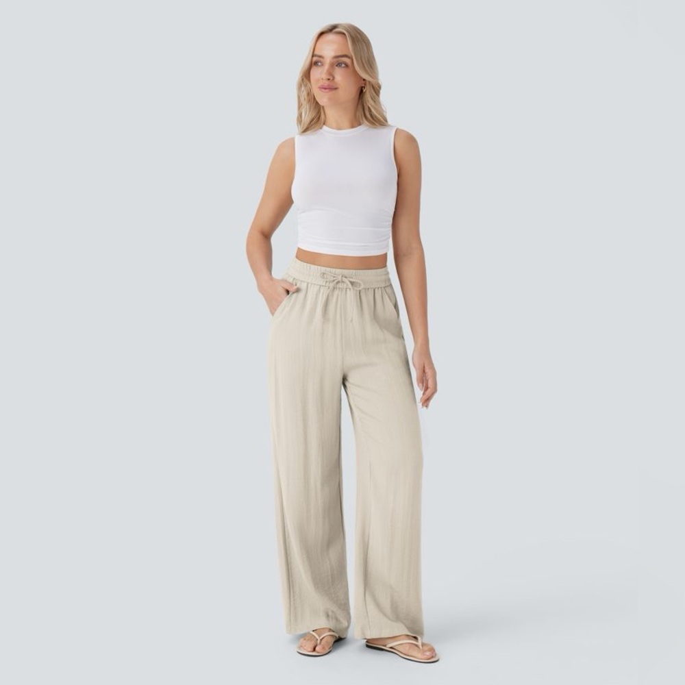 HALARA Wide Leg Drawstring Pants in Beige